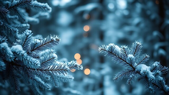 Snow-covered spruce branches in a winter forest, evoking a magical Christmas atmosphere.