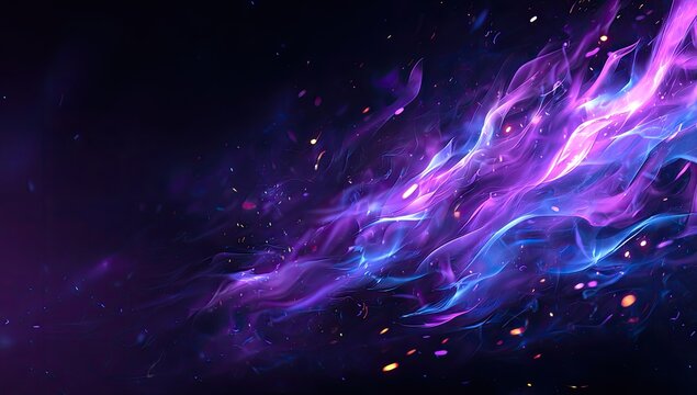 Glowing purple and blue ethereal flames and sparks against a dark backdrop, dynamic