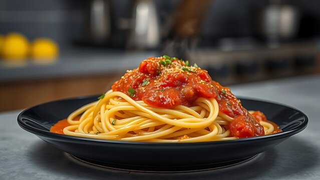 Close-up of delicious spaghetti with rich tomato sauce, steam rising from the plate. - Powered by Adobe