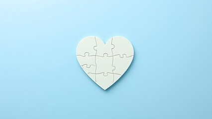 Heart-shaped puzzle on a light blue background, symbolizing autism awareness with soft overhead light.