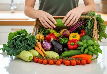 woman unpacking basket of fresh, colorful vegetables on kitchen counter. healthy eating and home cooking concept. food blog, recipe, nutrition, grocery.