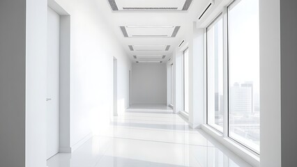 Fototapeta premium Modern white office corridor with large window and clean lines.