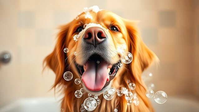 Playful golden retriever covered in soap bubbles, exuding joy against a soft pastel background.