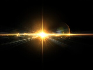 Bright, starburst-like, golden light erupts from center, with lens flare on black background