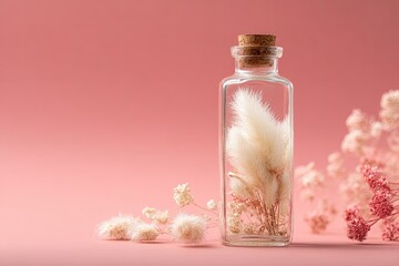 A glass bottle filled with feathery, dried flowers, on a pink background with surrounding blooms