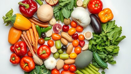 Circular arrangement of fresh produce, vibrant colors under crisp studio lighting.