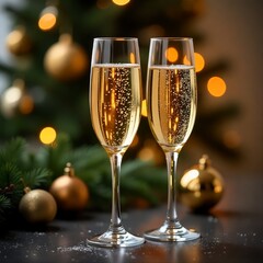 Glasses of sparkling wine in a cozy, festive holiday setting.