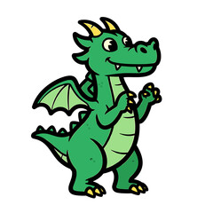 Naklejka premium A friendly, cartoon-style green dragon standing and smiling with its wings spread.