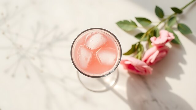 Pink beverage in crystal glass on marble surface with elegant summer vibe.