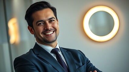 Confident professional in navy suit standing against a blurred office with glowing circular light.