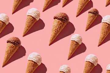 A grid pattern of waffle cones, alternately topped with vanilla and chocolate ice cream, on pink