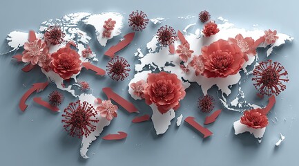 World map with red floral elements, disease-like shapes, and arrows, signifying global spread