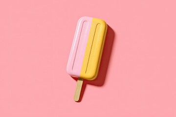 A vibrant, two-toned popsicle casting a shadow on a soft pink background