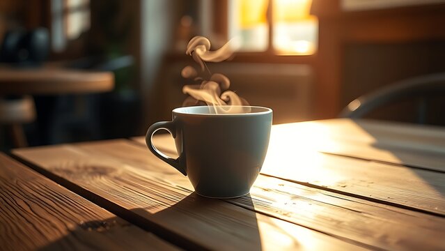 A steaming coffee cup on a rustic wooden table, bathed in soft morning light.