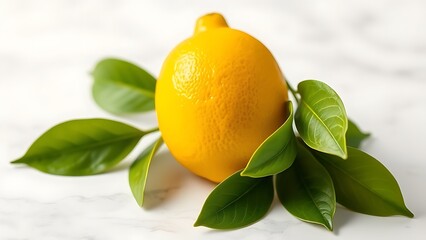 Fresh lemon with green leaves on a marble surface, showcasing vibrant yellow against a clean white background.