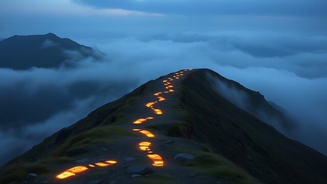 Glowing footprints ascending misty mountains, representing the challenging path of personal health journeys.