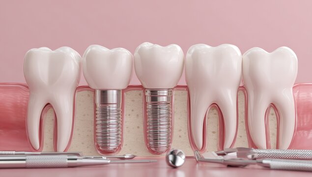 A dental model showcasing tooth implants and adjacent healthy teeth with tools