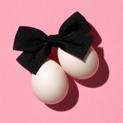 Two white eggs are tied together with a black bow, set against a vibrant pink background