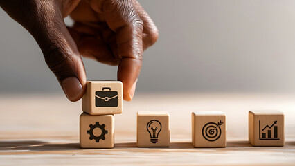 Close-up of a hand arranging wooden blocks with business icons – briefcase (career), gear (process), light bulb (ideas), target (goals), and graph (growth). Concept of business strategy, career planni