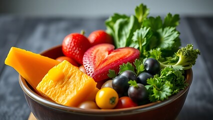 A bowl of fresh ingredients for a healthy diet, vibrant produce.