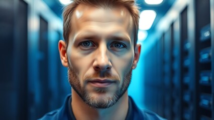 A technical specialist focuses intently with soft blue server room lighting.