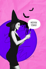 Exclusive image art pop trend collage of happy witch girl hold phone spooky witchcraft time bat fly dark night halloween event