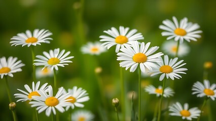 Fototapeta premium Softly focused white daisies bathed in natural daylight, creating a serene floral scene.