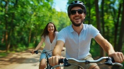 Obraz premium Happy Couple Riding Bicycles Through Lush Green Forest on a Sunny Day