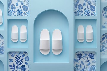 White slippers in blue arched niches with botanical wallpaper, a serene and organized display