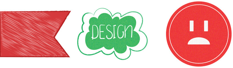 Sketchy graphic icons scribbled banner, cloud label, and minimalist sad face for casual design use