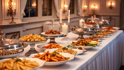 An elegant wedding buffet table with gourmet dishes illuminated by soft candlelight.
