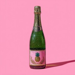 A glitter-covered champagne bottle with a pineapple label on a pink background