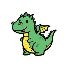 Obraz premium A friendly, cartoon-style green dragon stands with a happy expression, smiling and showing its tongue.