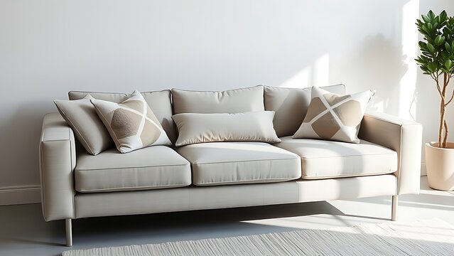 Minimalist living space showcasing a modern sofa with geometric throw pillows.