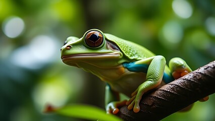 Naklejka premium Close-up portrait of a vibrant green tree frog in its lush rainforest habitat.