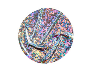 Round holographic duct foil sticker surface with wrinkles and colorful shimmer background iridescent on transparent