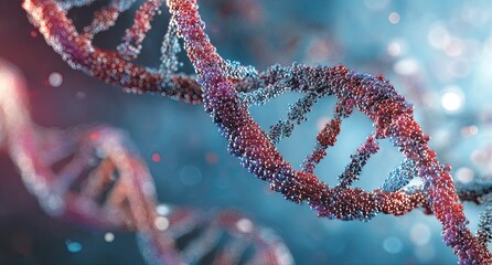Close-up of a DNA double helix structure, detailed and colorful against a blurred backdrop