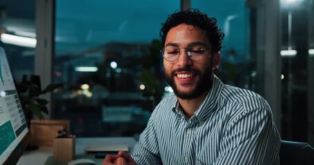 Computer screen, data and face of business man in office at night for trading. Finance, completed deadline and smile with happy employee in workplace for international stock market investment - Powered by Adobe