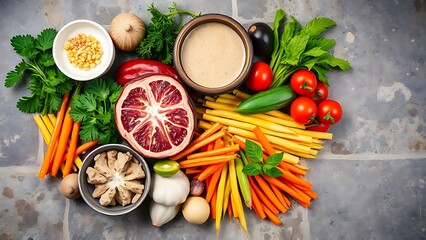 Assorted fresh Asian ingredients on rustic stone, vibrant colors and natural styling in overhead view.