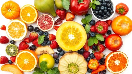 A vibrant assortment of fresh fruits and vegetables arranged neatly on a white surface.