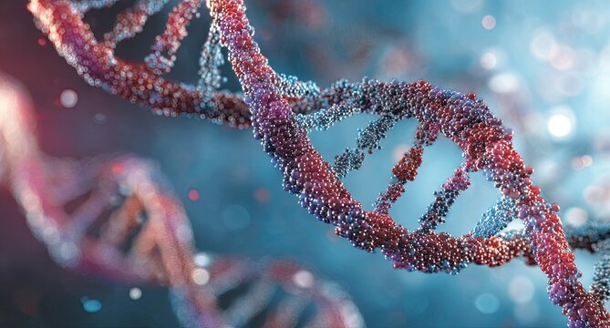 Close-up of a DNA double helix structure, detailed and colorful against a blurred backdrop