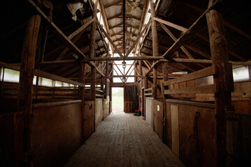 Empty wooden barn interior showing rustic beams and open horse stalls, natural light streaming through windows, wooden floor leading toward open doorway with rural landscape visible