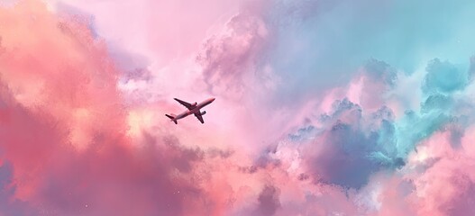 A plane soars through a vibrantly colored sky, surrounded by fluffy pink and blue clouds