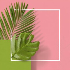 Tropical leaves with a white square frame on pink and green background