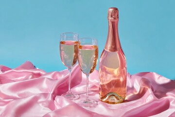 Champagne flutes & bottle on pink satin with a blue background