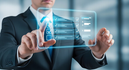 Businessman interacting with futuristic holographic data interface technology business concept