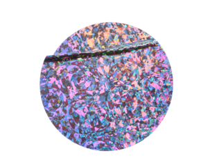 Round holographic duct foil sticker surface with wrinkles and colorful shimmer transparent on iridescent background