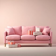A pastel pink sofa against a matching wall, adorned with wrapped gift boxes