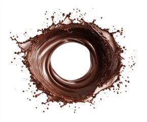 A dynamic, swirling chocolate splash forms a circular vortex against a white background