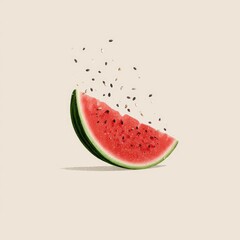 A sliced watermelon wedge with falling seeds levitates against a solid tan backdrop